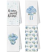 ChissNook Blue Hydrangea Floral Kitchen Towels, Home Sweet Home Dish Tea Towels for Kitchen Decor...