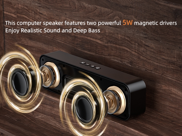Desktop computer speaker with dual 5W drivers, deep bass and surround sound.