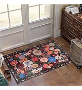 Black Floral Rug for Entryway, 2x3 Washable Kitchen Mat Ultra-Thin Soft, Non-Slip Indoor Door Car...