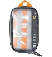 Multiple angles of a small black protective case, featuring orange accents and a zipper closure, designed to store electronics or accessories.