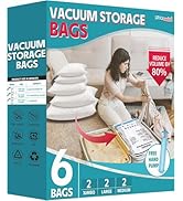 6 Pack Vacuum Storage Bags, Space Saver Compression Bags for Clothing, Comforters, Blankets, Vacu...