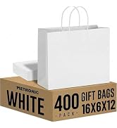 METRONIC 400 Pack White Paper Bags 16x6x12 inch,XLarge Kraft Craft Gift Bag Bulk with Handles,Rec...