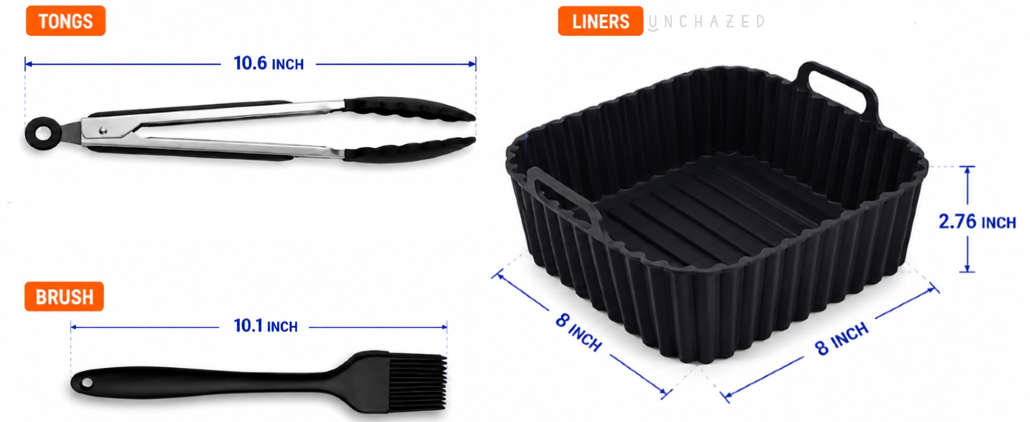 Unchazed air fryer accessories dimensions infographic