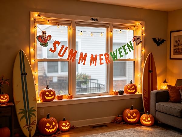 Window summer banner with jack-o'-lantern and bat shapes, fun decor.
