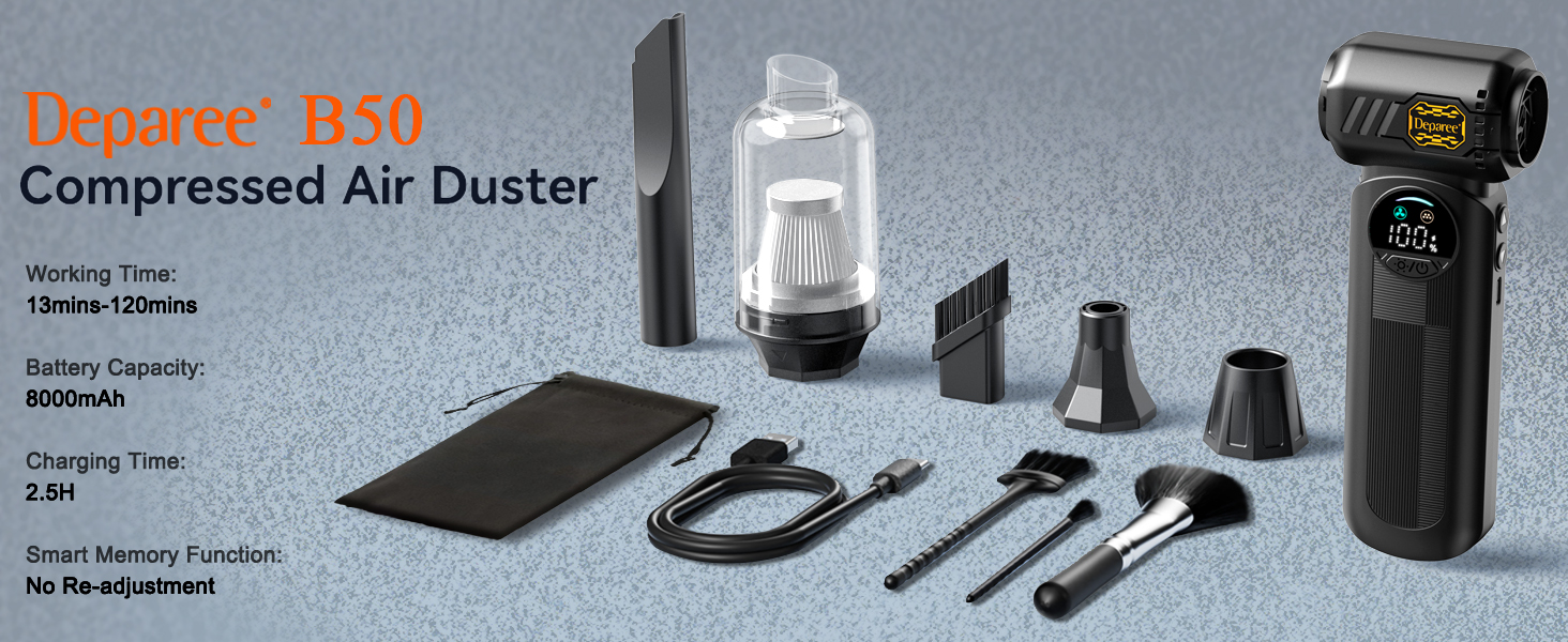 Cordless air duster and handheld vacuum kit with nozzles, brushes, filter, Type-C cable, bag