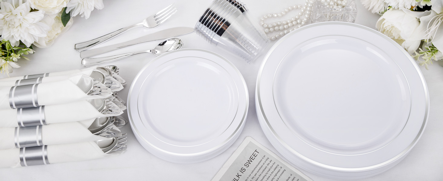 Silver plastic plates set