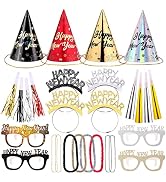 Auihiay New Years Eve Party Supplies - 32PCS Includes Cone Hats, Tiaras, Eyeglasses, Squawkers, H...