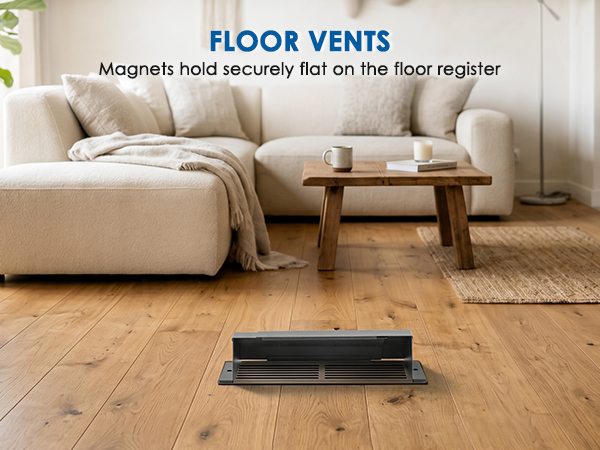 Black metal vent deflector for home floor, low profile design slides under furniture
