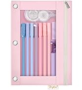 SKYDUE 3 Ring Pencil Pouch Case for Binder, Zipper Pencil Pouches for Girls Boys, Clear Window Bi...