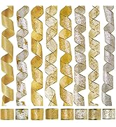8 Rolls 48 Yards White Gold Christmas Tree Ribbon Assorted Christmas Decorative Wired Ribbon Holi...