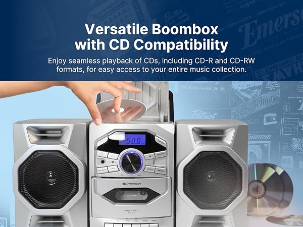 CD Player Boombox features top-loading CD slot, easy to insert or remove CDs from the Stereo Boombox