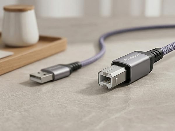 Close up of USB Type A and USB Type B gold-plated connectors with aluminum shell and braided jacket