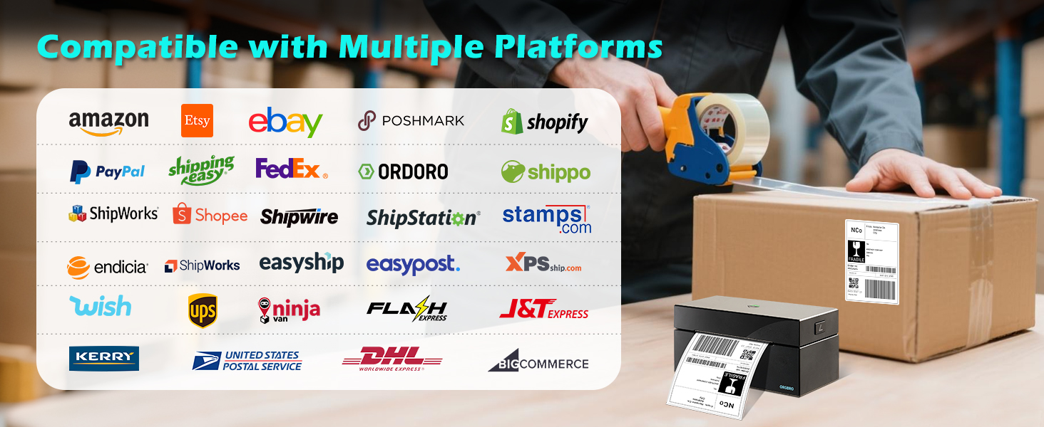 Text reads 'Compatible with Multiple Platforms'. Banner showing various e-commerce platform logos including , eBay, Shopify, PayPal, FedEx, DHL and others arranged horizontally across packaging boxes and shipping context.