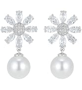 Elurent Leaf and Flower Imitation Diamond Pearl Drop Earrings for Women, Elegant Zirconia Dangle ...