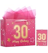 Powbrace 13" Pink 30th Birthday Gift Bag with Tissue Paper and Greeting Card for Party,Happy Birt...