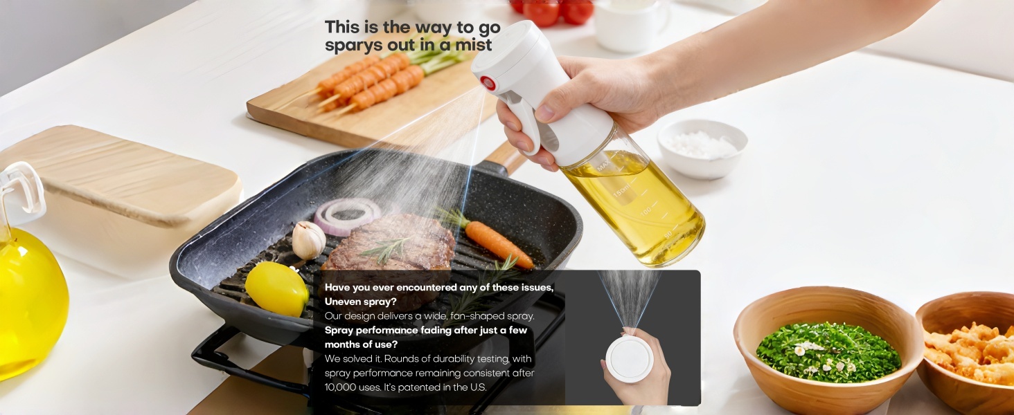 Patented Wide Fan Mist,Anti-Clog Filter–Reusable Oil Spritzer