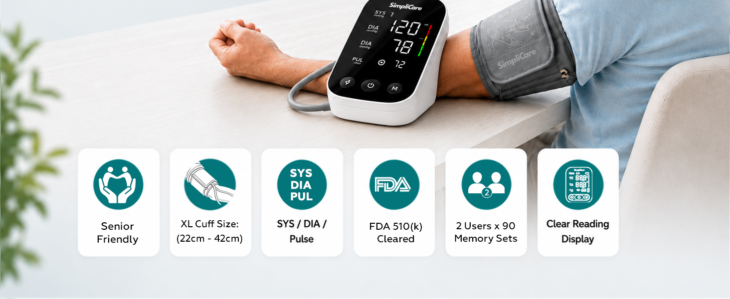 SimpliCare AES-U382 upper arm blood pressure monitor with XL cuff for home use