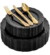 DaYammi 150Pcs Black Plastic Plates & Gold Plastic Silverware,Black Disposable Plates Set Include...