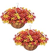 2 Set Artificial Fake Mums Flowers Plants with Hanging Basket for Outdoor,2 Hanging Planters with...