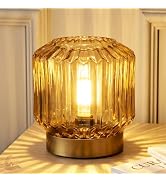 MJ PREMIER Amber Glass Cordless Battery Operated Lantern Table Lamp, Vintage Decor Night Light wi...
