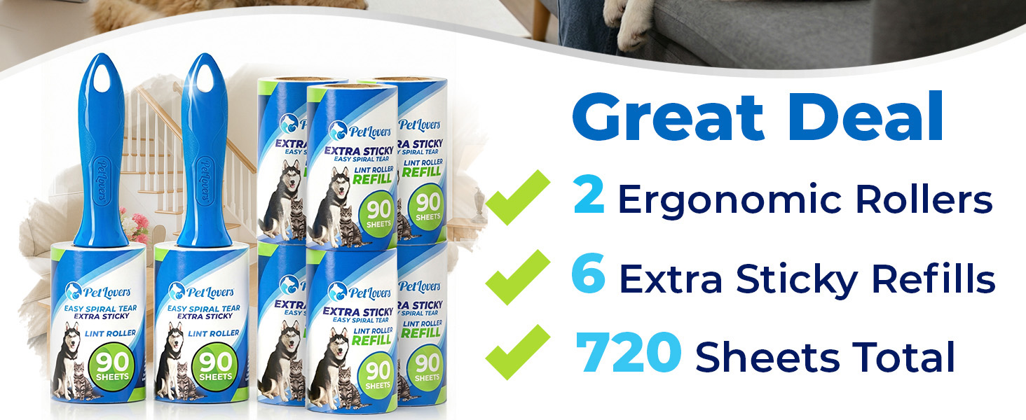 PetLovers lint roller set with 2 rollers and 6 refills, 720 sheets total.
