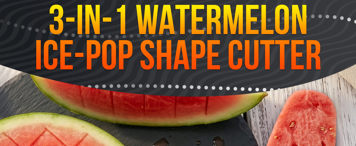 Green-handled watermelon cube cutter tip rests on slate near a grid-scored melon half and wedge