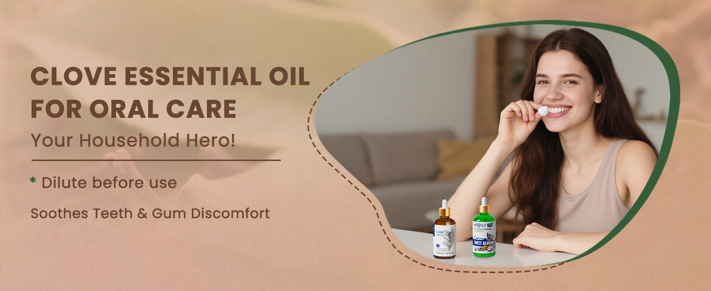 Text reads 'CLOVE ESSENTIAL OIL FOR ORAL CARE', 'Your Household Hero!', 'Dilute before use', 'Soothes Teeth & Gum Discomfort'. Advertisement for essential oil product.
