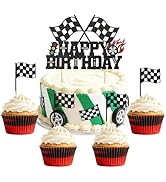Wootkey 25Pcs Glitter Race Car Cake Toppers Cars Cupcake Topper Checkered Flag Cars Cake Decorati...