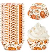 Whaline 300Pcs Fall Cupcake Liners Watercolor Pumpkin Flower Paper Baking Cups Autumn Floral Muff...