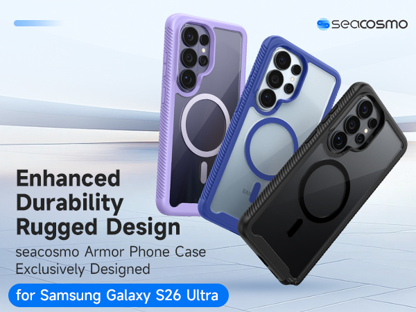 Text reads 'Enhanced Durability Rugged Design', 'seacsosmo', and 'for Samsung Galaxy S26 Ultra.' Three phone cases displayed in purple, blue, and black with transparent back panels and prominent circular camera ring designs.