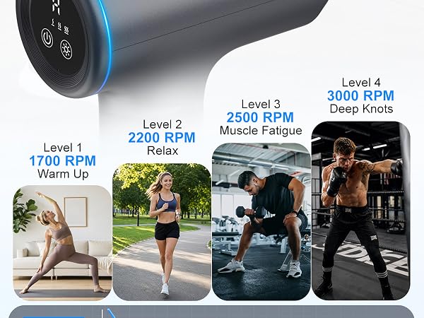Percussion massage gun with 10mm amplitude, 55dB quiet motor and 10-min auto shut-off for recovery.