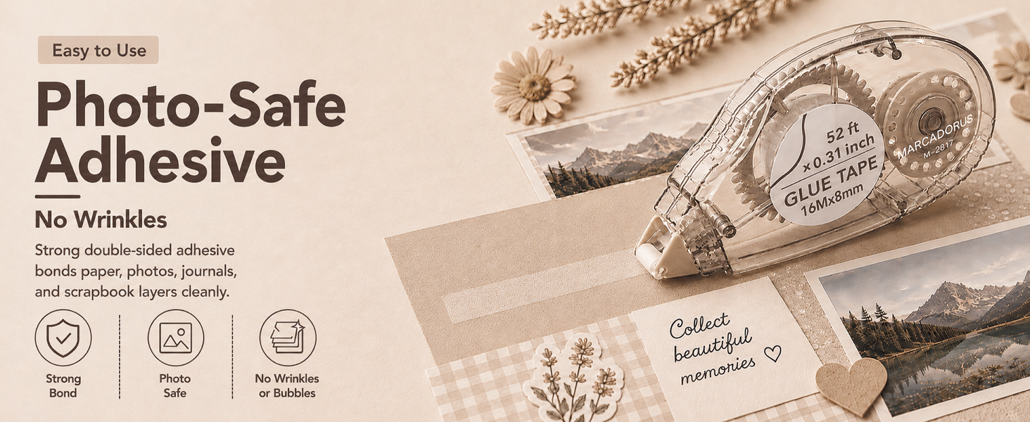 Double sided photo tape securing prints, photo mats and journaling cards in a memory album