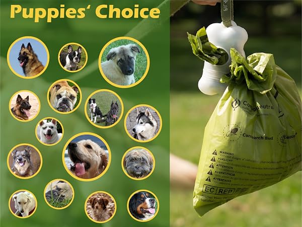 Text reads 'Puppies' Choice' banner. Multiple circular frames showing different dog breeds, arranged alongside a green-tinted product container.
