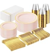 GATHER 350PCS Pink Plastic Plates - Disposable Plastic Dinnerware Set Include 100 Pink Plates, 15...