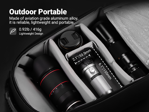 Text reads 'Outdoor Portable'. Multiple views of what appears to be an aluminum portable device with handles and latches shown from different angles.