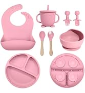Silicone Baby Feeding Set 8 Pcs, Baby Led Weaning Supplies with Suction Plates & Bowls, Adjustabl...
