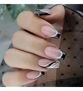 Black French Tip Press on Nails Short Medium Square Coffin Fake Nails with Silver White Glitter C...