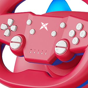 Close-up of a pink and red gaming controller with white buttons and directional pad visible against a blue and white background.