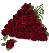 Roberly 20 Pcs Artificial Burgundy Roses Flowers, Valentines Decorations Lifelike Silk Velvet Fak...
