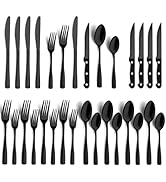 BEWOS 24 Piece Black Silverware Set - Service for 4 - Stainless Steel Silverware Set with Steak K...