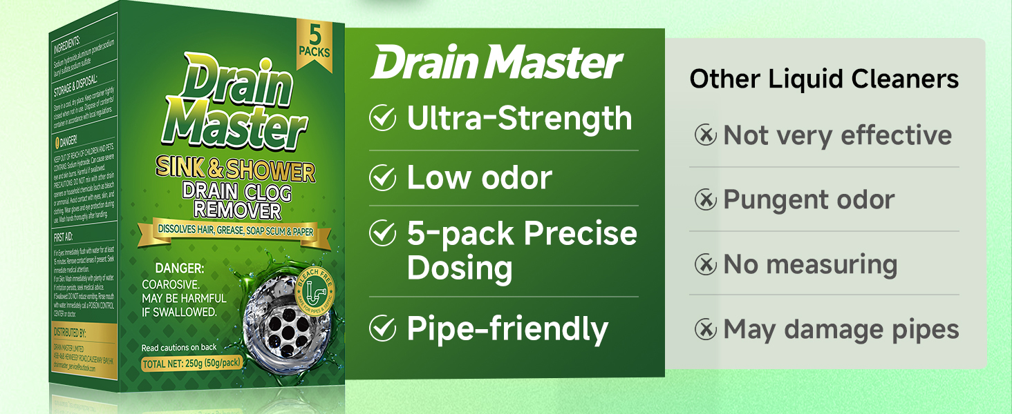 our brand drain master: ultra-strenght, low odor, 5-pack precise dosing, pipe-friendly