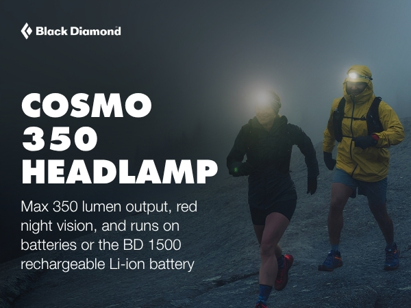 Cosmo 350 headlamp; max 350 lumen output, red night vision, and runs on batteries