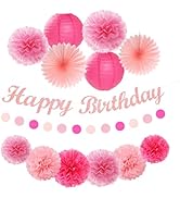 Hot Pink Birthday Party-Decorations Paper-Flowers - 14pcs Happy Banner Girl Lanterns Tissue Pom P...