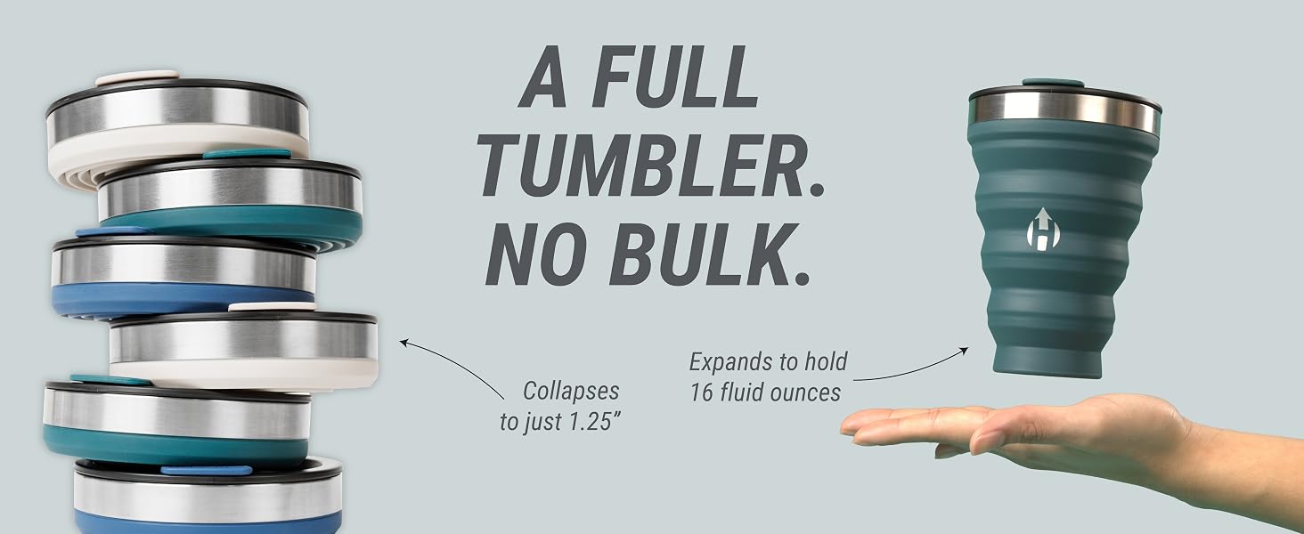 Collapsible 16 oz travel tumbler expands for use and packs flat to 1.25 inches