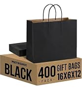 METRONIC 400 Pack Black Paper Bags 16x6x12 inch,XLarge Kraft Craft Gift Bag Bulk with Handles,Rec...