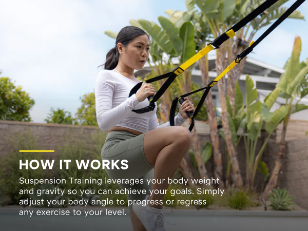 A person toning their arms with a Suspension Trainer. Text reads: Leverage your body weight.