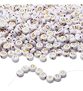 LAIDANLA 1500PCS Acrylic Letter Beads Alphabet Gold Letters White Round Bead 7×4mm for Jewelry Br...
