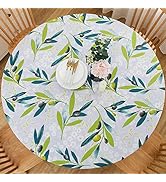 LIBERECOO Round Vinyl Fitted Tablecloth with Flannel Backing Elastic Edge Plastic Table Cover Wat...