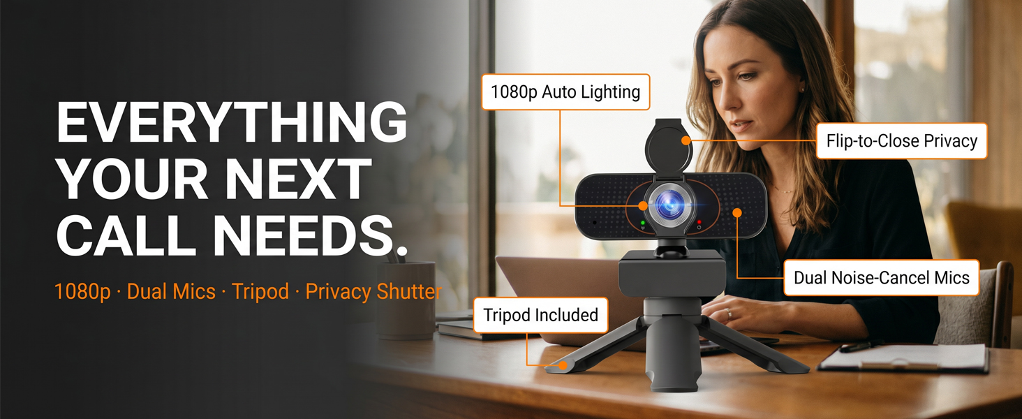 webcam with tripod,dual mic webcam,privacy shutter webcam,1080p webcam