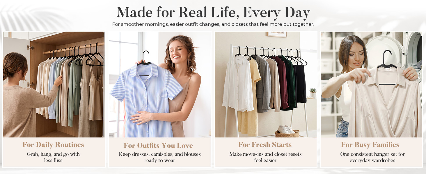 Confident, smiling woman holding a hanger in a well-organized closet